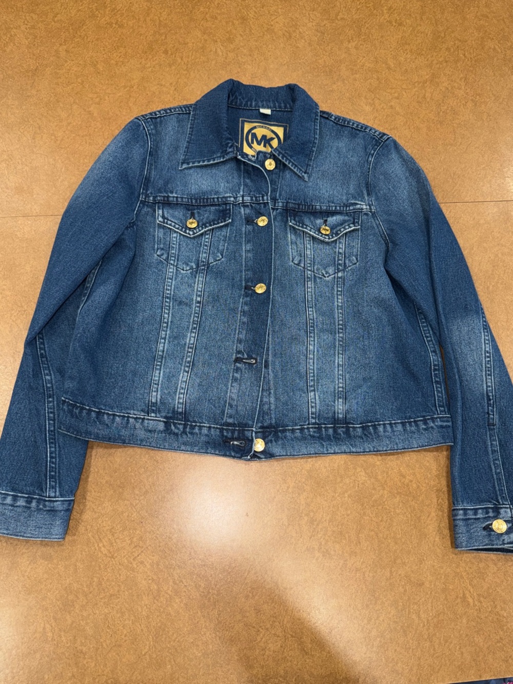 Michael Kors Dark Blue Denim Trucker Jacket with Gold Button Accents • Like NEW